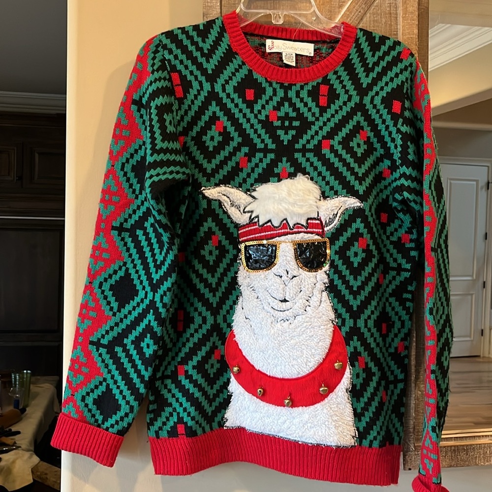 Christmas Jolly Sweater Llama Jingle Bell Green Red Sequins Ugly Oversized